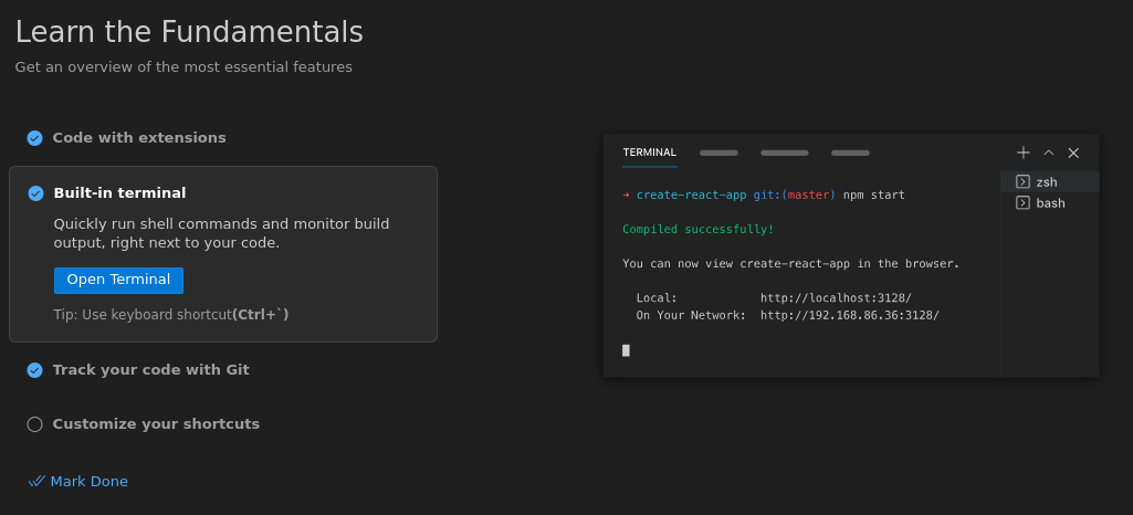 Screenshot of configuration options when setting up Visual Studio Code